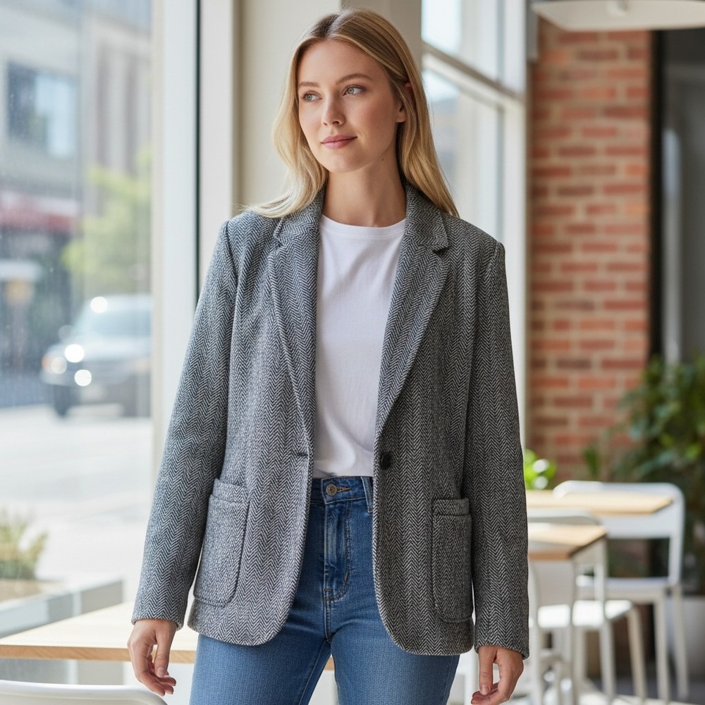 Lands End Womens Gray Herringbone Fleece Blazer Jacket XL 18 Button Classic Prep